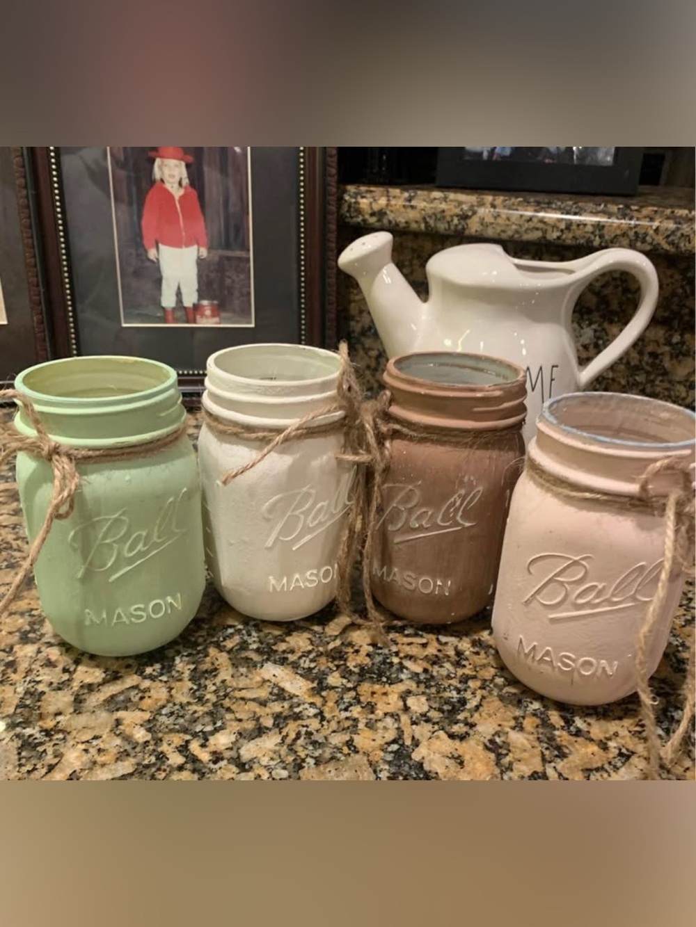 Set of Pastel Painted Ball Mason Jars with Twine